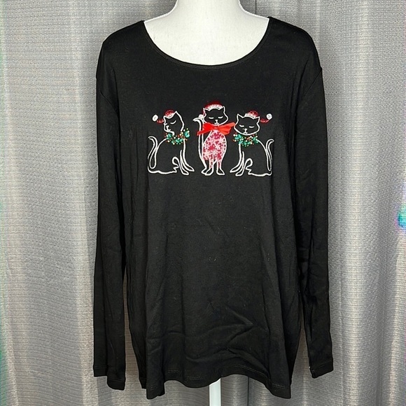 KAREN SCOTT WOMAN BLACK CHRISTMAS KITTY LONG SLEEVED HENLEY TSHIRT SIZE 1X NWT - Picture 1 of 5